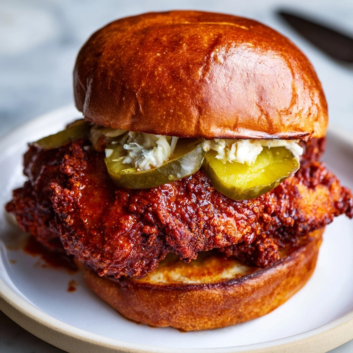 Spicy Nashville Hot Chicken Sandwiches with crisp pickles, creamy slaw, golden crust