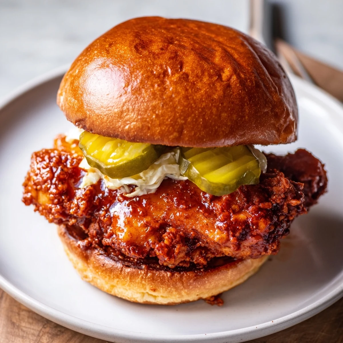 Crispy Spicy Nashville Hot Chicken Sandwiches brushed with fiery oil, served on toasted brioche