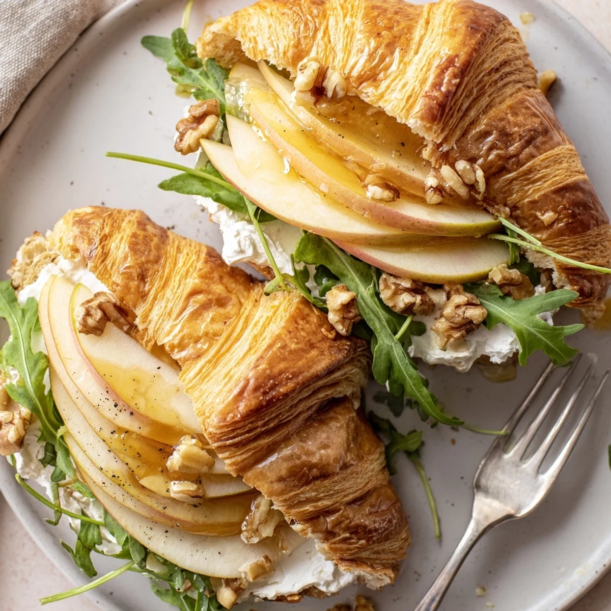 Buttery, flaky croissant filled with crisp apples and arugula — Apple Goat Cheese Croissant Sandwich