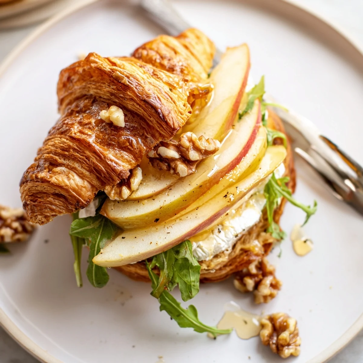 Sliced Apple Goat Cheese Croissant Sandwich on cutting board, drizzled honey glistening