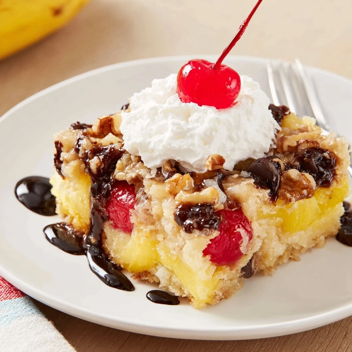 Warm Banana Split Dump Cake bubbling with chocolate, pineapple, and cherries