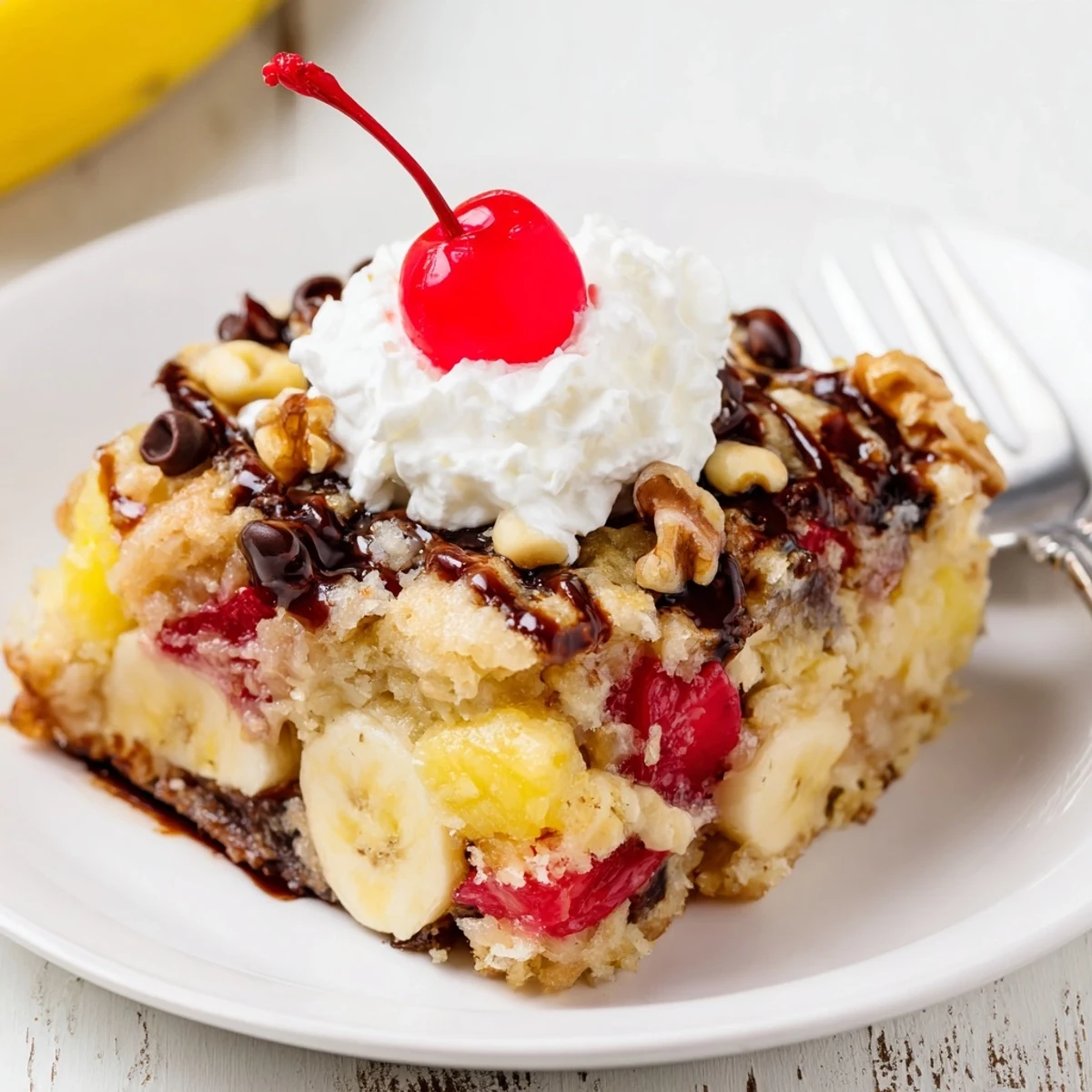 Sliced bananas peek under golden Banana Split Dump Cake, topped with whipped cream