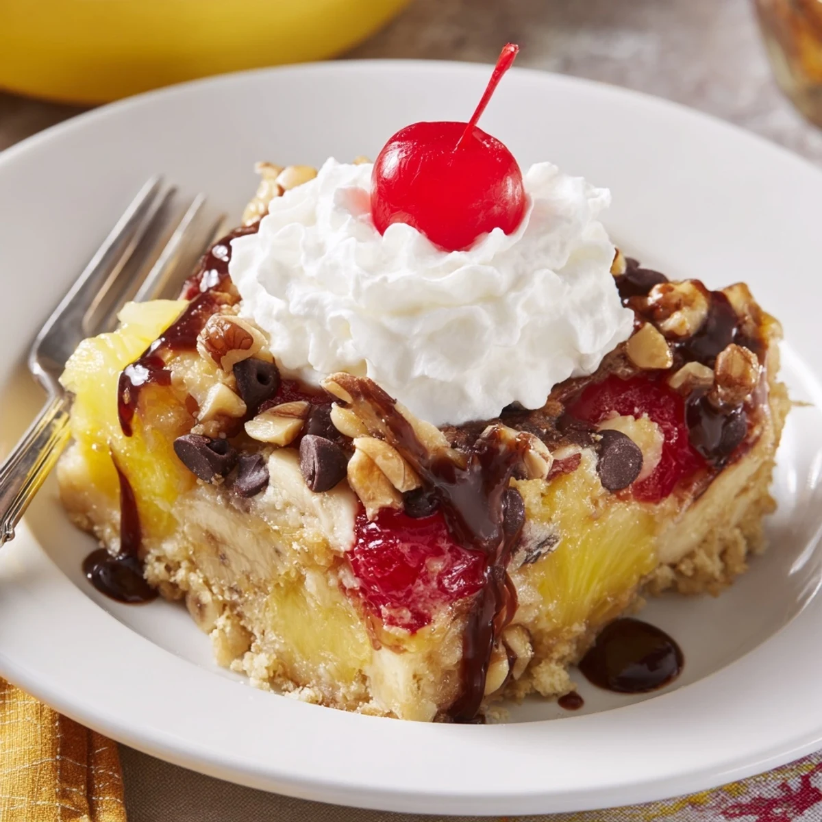 Oven-hot Banana Split Dump Cake served with vanilla ice cream and extra cherries