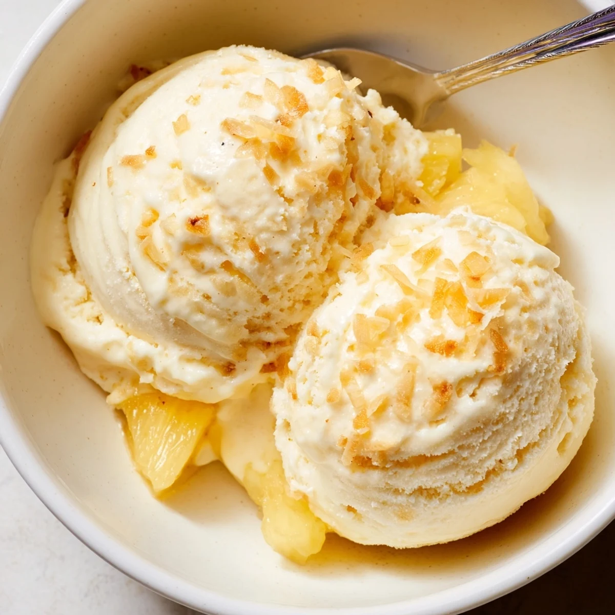 Creamy Pineapple Ice Cream scoops melting slightly, bright tropical aroma, chilled bowl