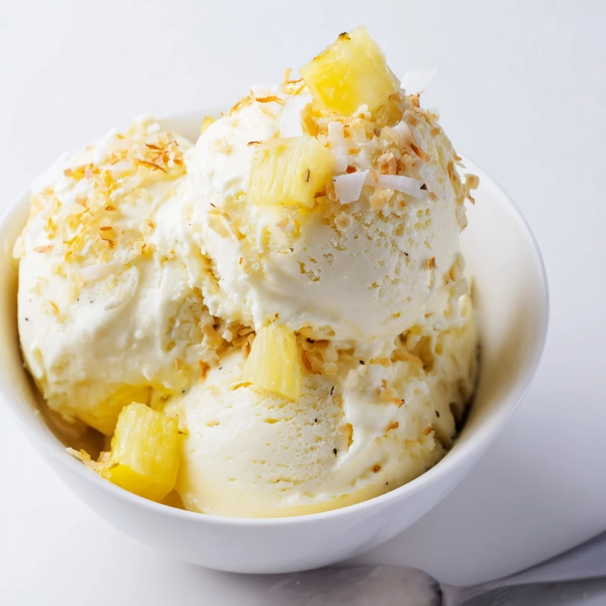 Glass dish of Creamy Pineapple Ice Cream, silky texture, lemon zest garnish