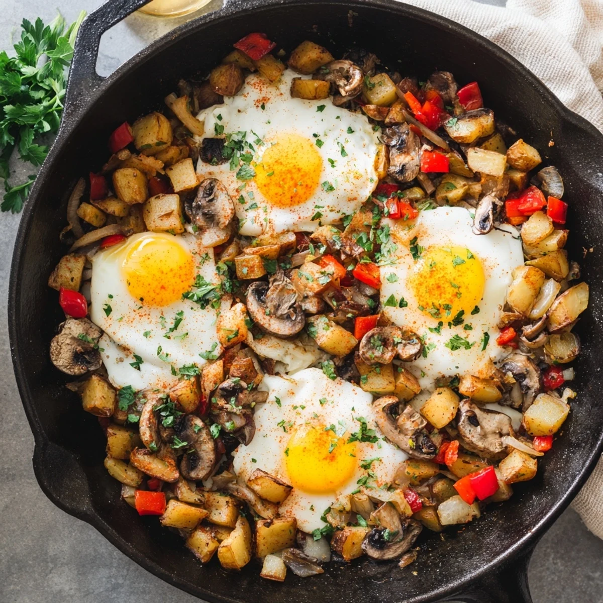 Golden skillet breakfast hash with eggs featuring crispy diced potatoes and colorful vegetables in one pan