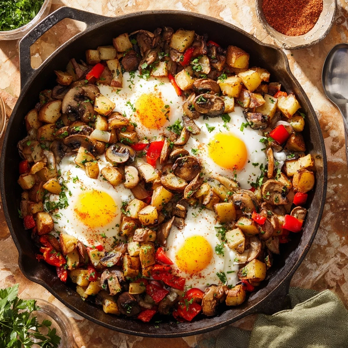 Hearty breakfast hash with eggs topped with fresh parsley in a cast iron skillet