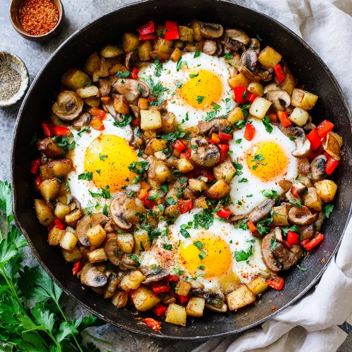 Savory one-pan breakfast hash with perfectly cooked sunny-side up eggs and bell peppers