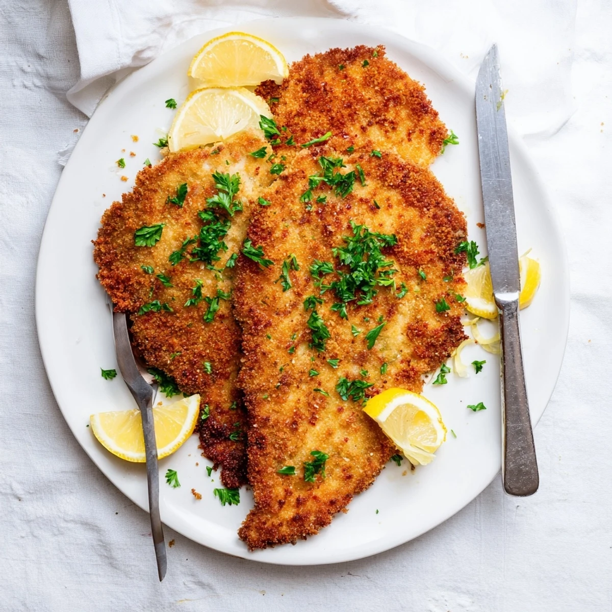 Golden crispy beef escalope Milanese garnished with fresh parsley and lemon wedges on white plate