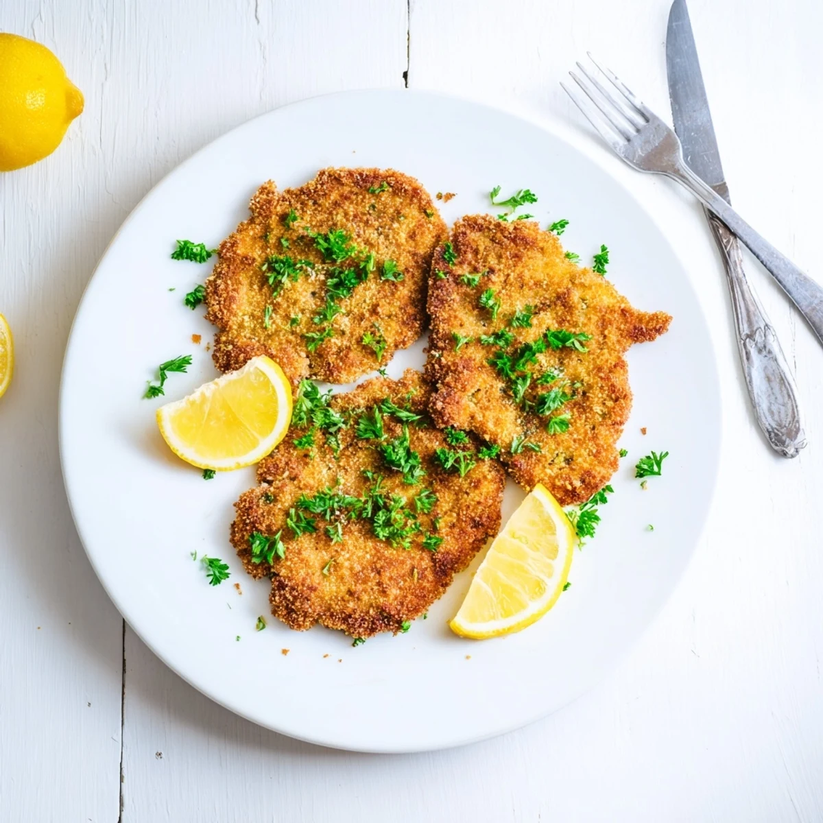 Pan-fried breaded beef escalope Milanese served with bright lemon slices and green parsley sprinkles