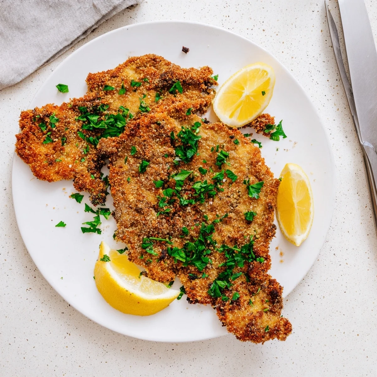 Tender crispy beef escalope Milanese with golden panko crust and fresh herb garnish