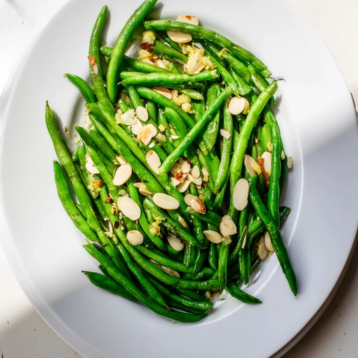 Fresh green beans sautéed in olive oil with garlic slices on a white plate