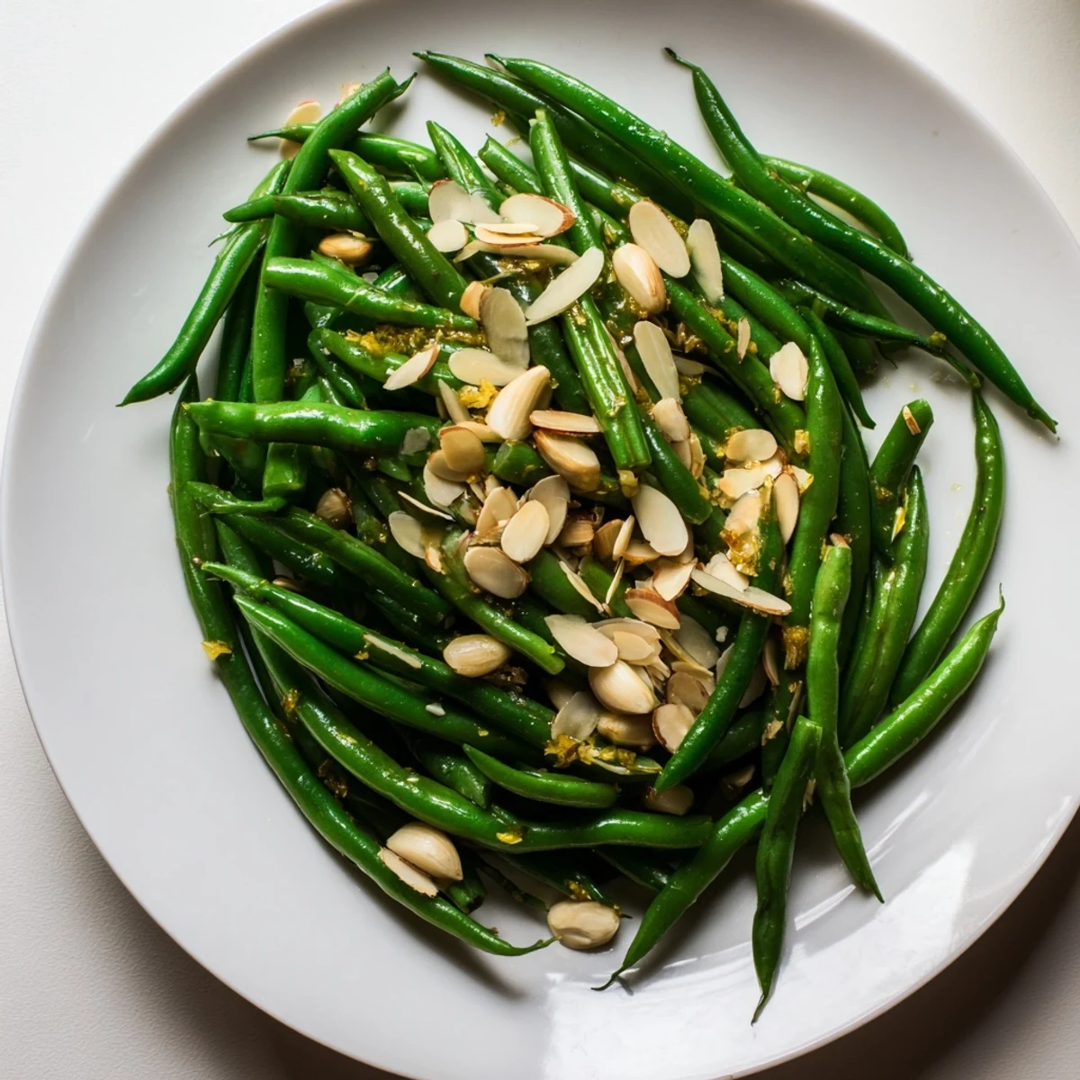 Vibrant green beans with golden garlic garnished with toasted almonds and lemon drizzle