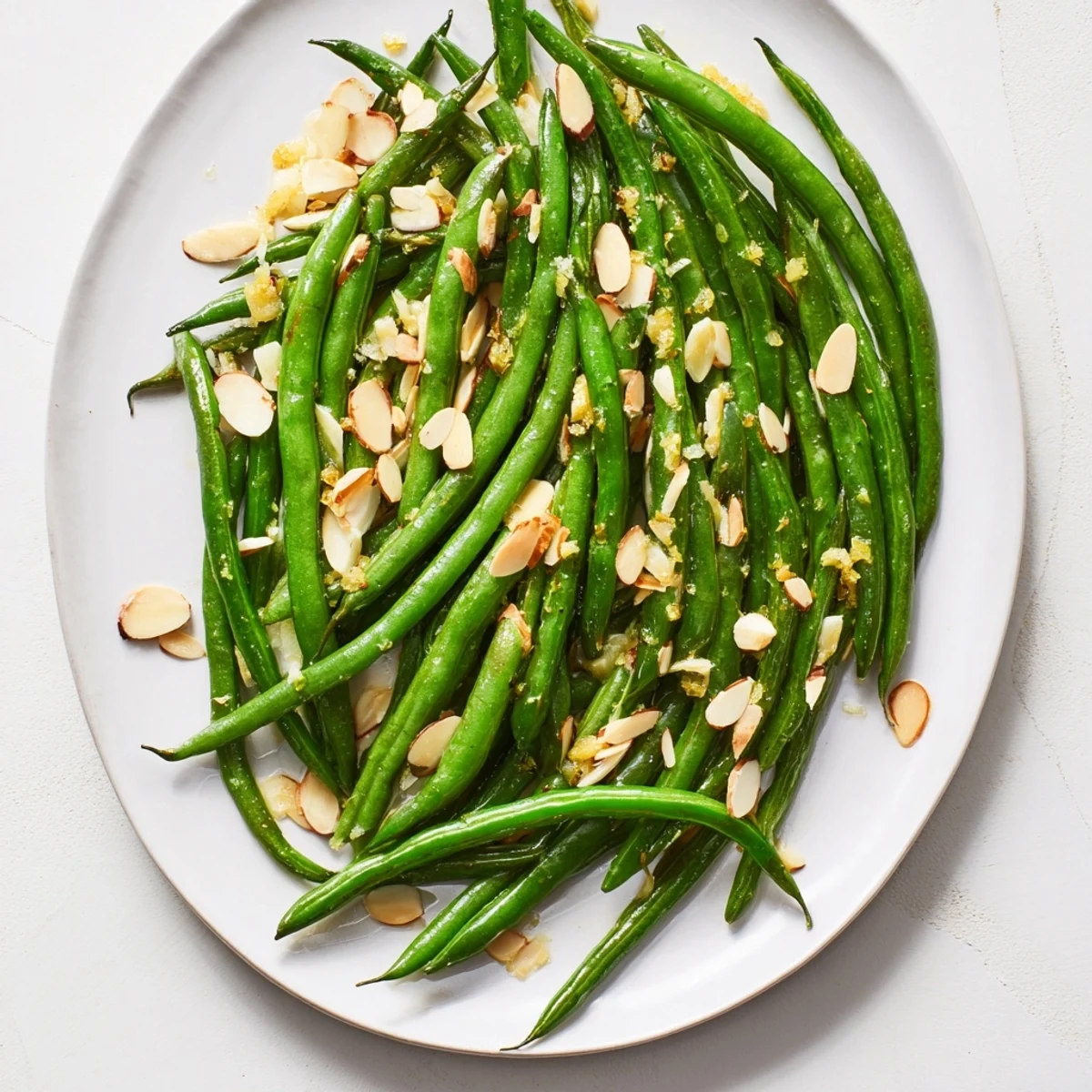 Close up of crisp green beans tossed with garlic in a skillet for serving