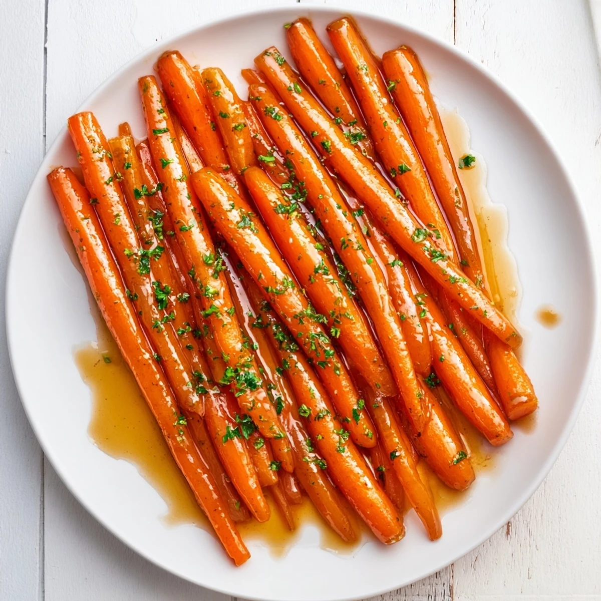 Golden honey glazed carrots glistening with sweet buttery coating on a white serving plate