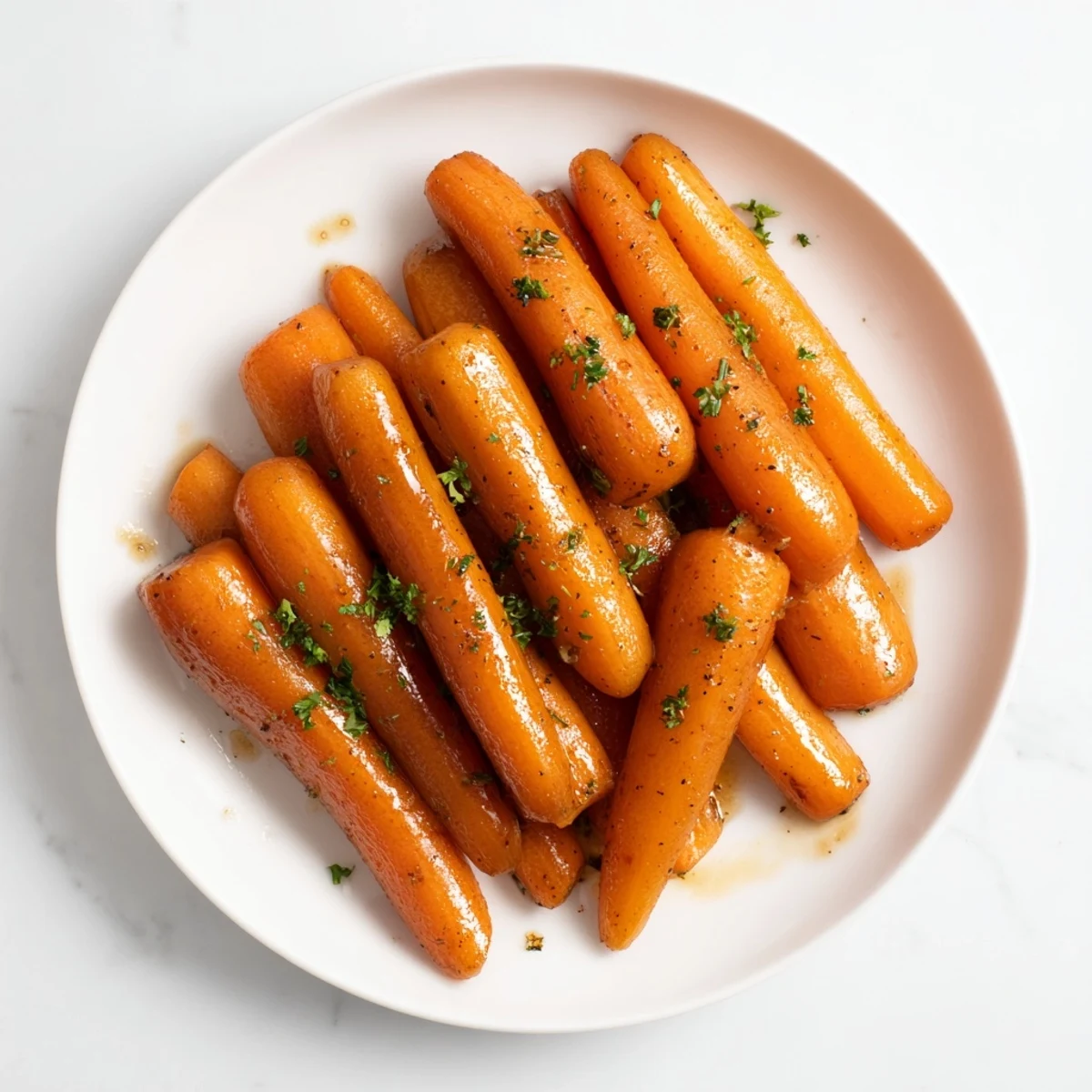 Glossy caramelized honey glazed carrots arranged beautifully as a savory sweet holiday side dish