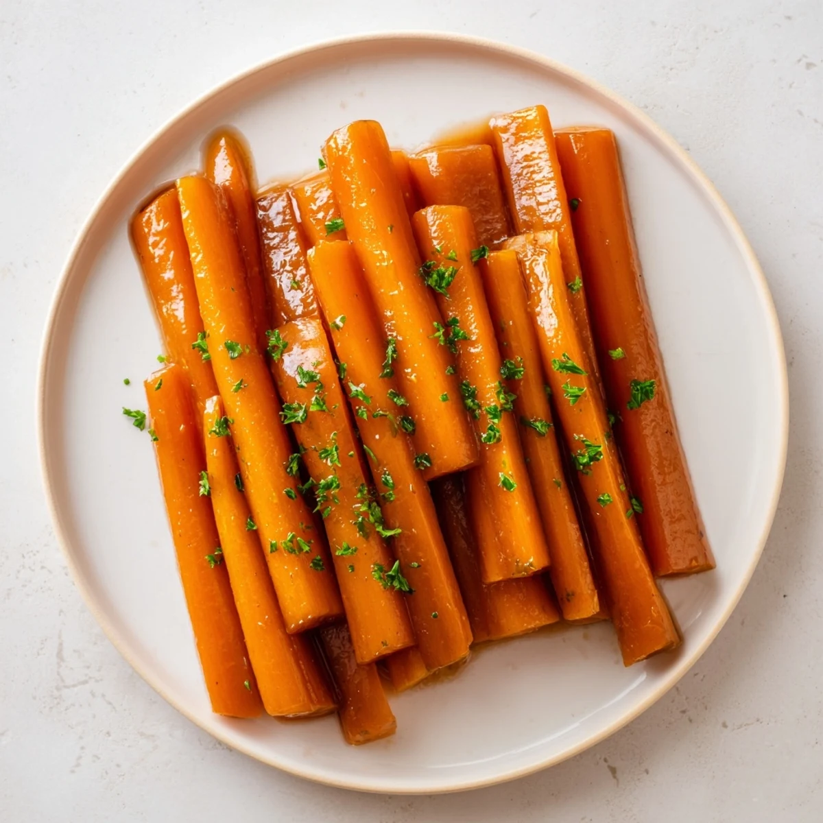 Tender roasted carrot sticks tossed in sticky honey brown sugar glaze with fresh parsley garnish