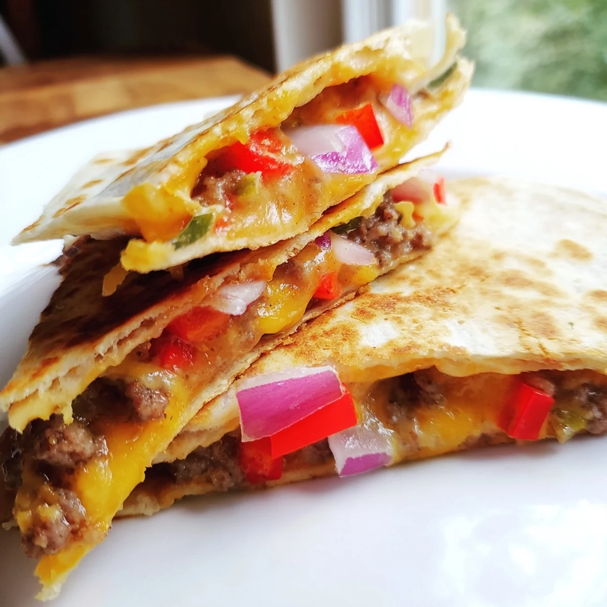 Golden brown Cajun beef sausage quesadillas with melted Monterey Jack and cheddar cheese oozing from crispy tortilla edges