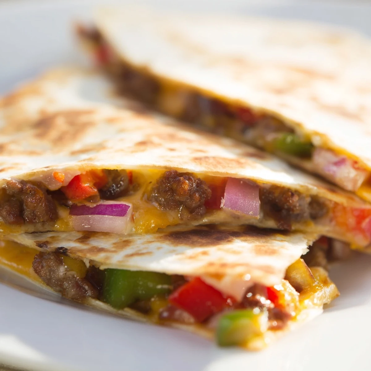 Spicy Cajun beef sausage quesadillas featuring colorful bell peppers and onions sandwiched between buttery toasted flour tortillas