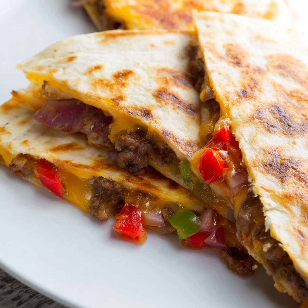 Crispy pan-fried Cajun beef sausage quesadillas sliced into wedges revealing layers of melty cheese and seasoned vegetables