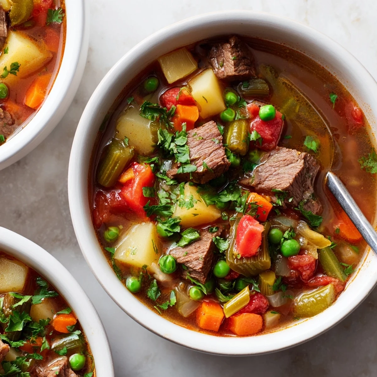 Hearty braised vegetable beef soup featuring succulent braised beef carrots potatoes and green beans swimming in aromatic broth