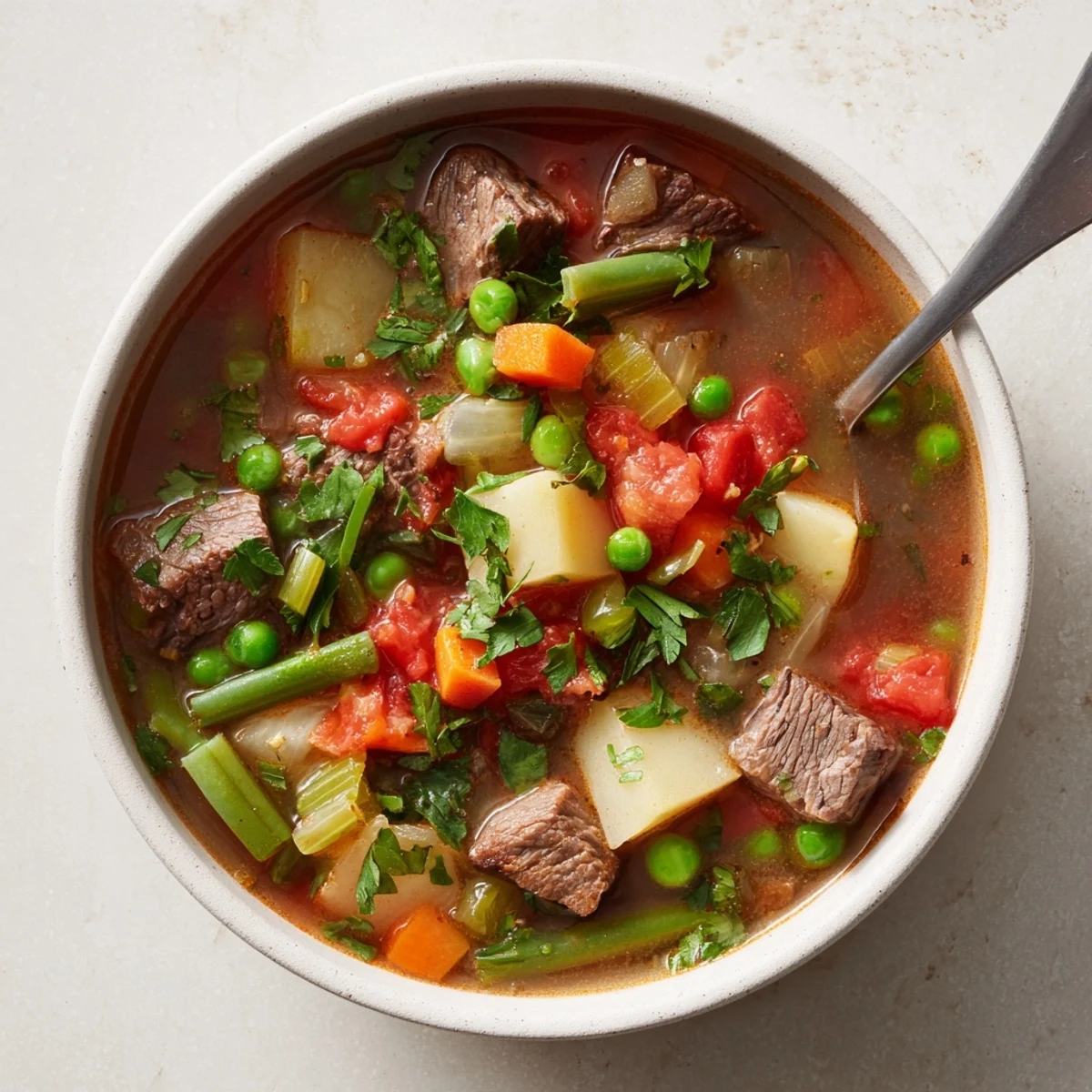 Steaming bowl of braised vegetable beef soup loaded with tender beef chunks and colorful garden vegetables in rich savory broth