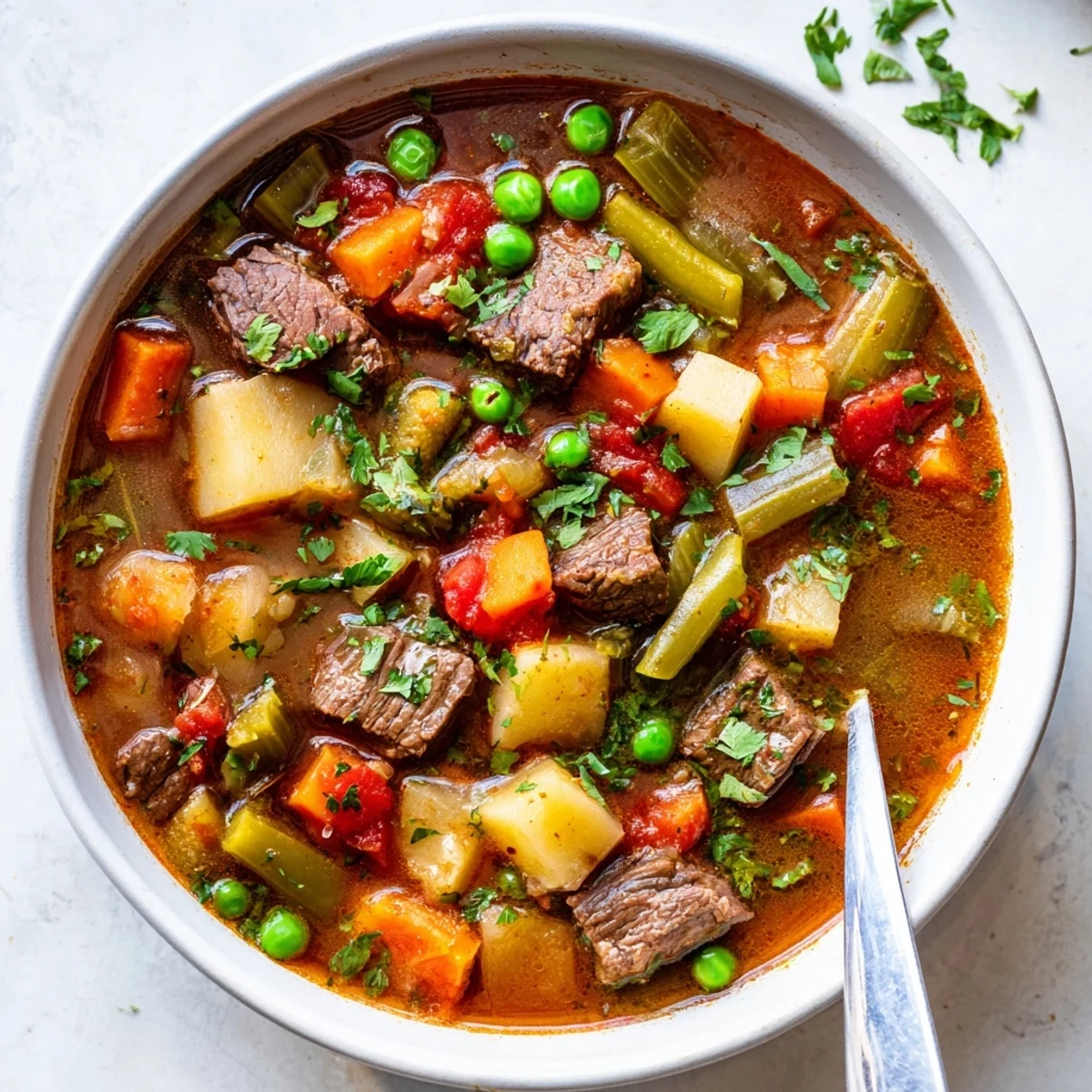 Rustic braised vegetable beef soup simmered to perfection with melt-in-your-mouth beef and fresh vegetables garnished with parsley