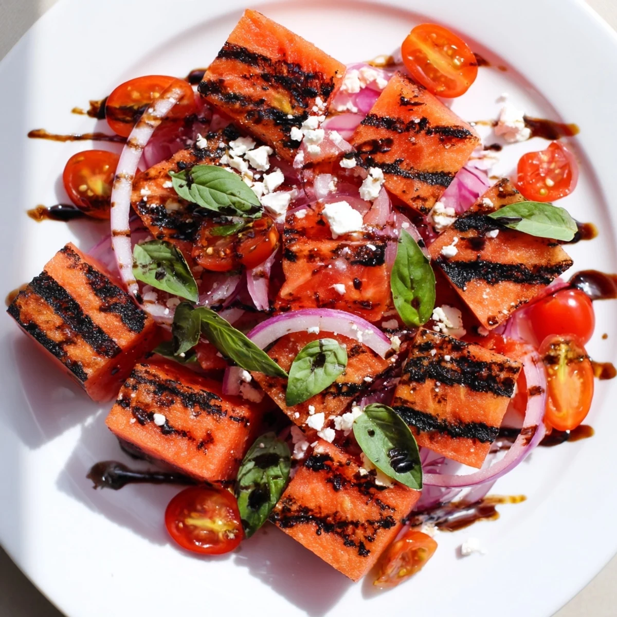Vibrant grilled watermelon feta basil salad arranged on a white serving platter with grill marks