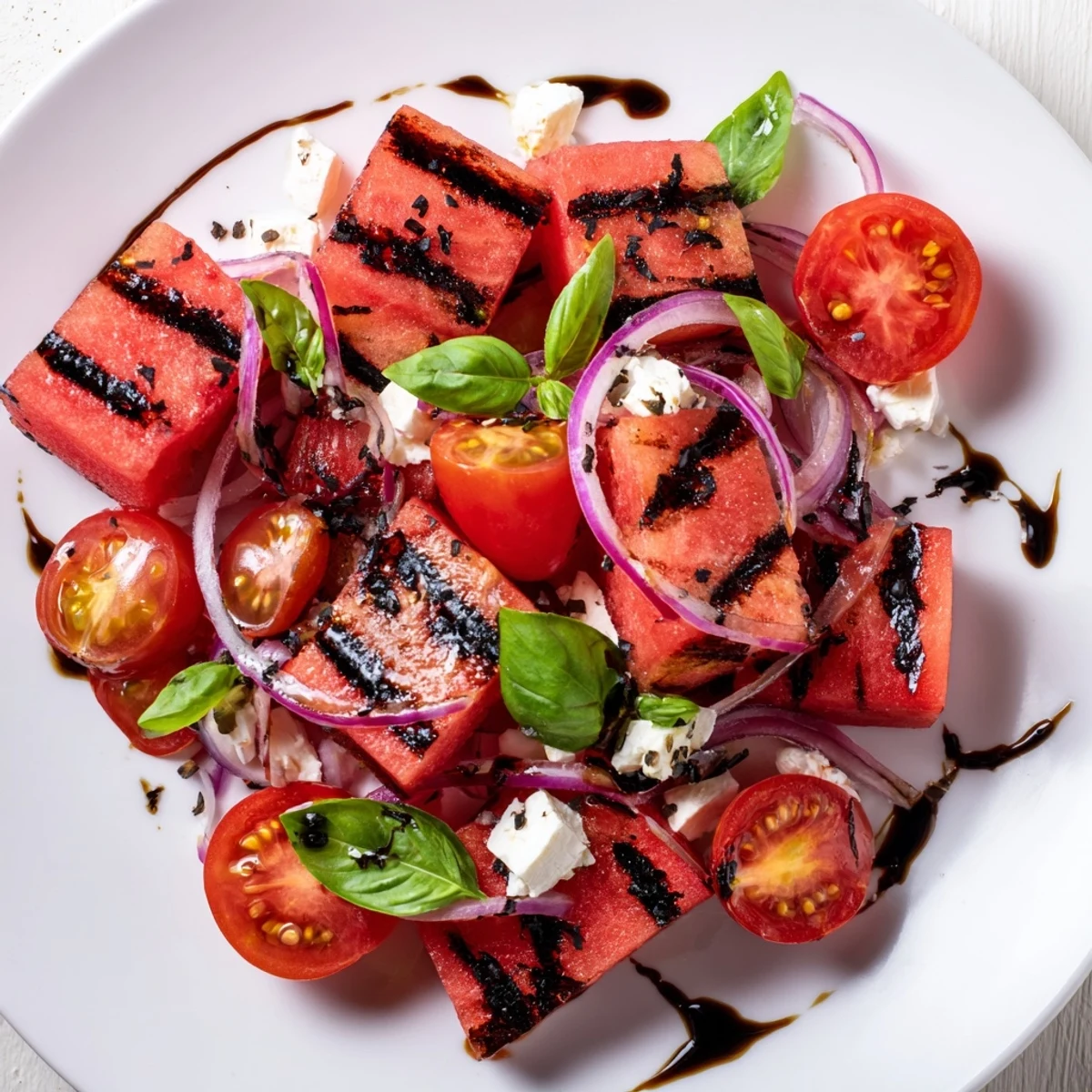 Fresh summer bowl featuring smoky grilled watermelon cubes topped with crumbled feta and green basil leaves