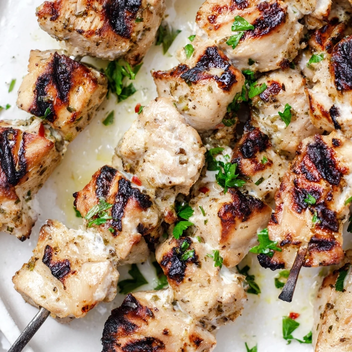 Golden grilled Greek yogurt marinated chicken skewers with charred edges and fresh parsley garnish