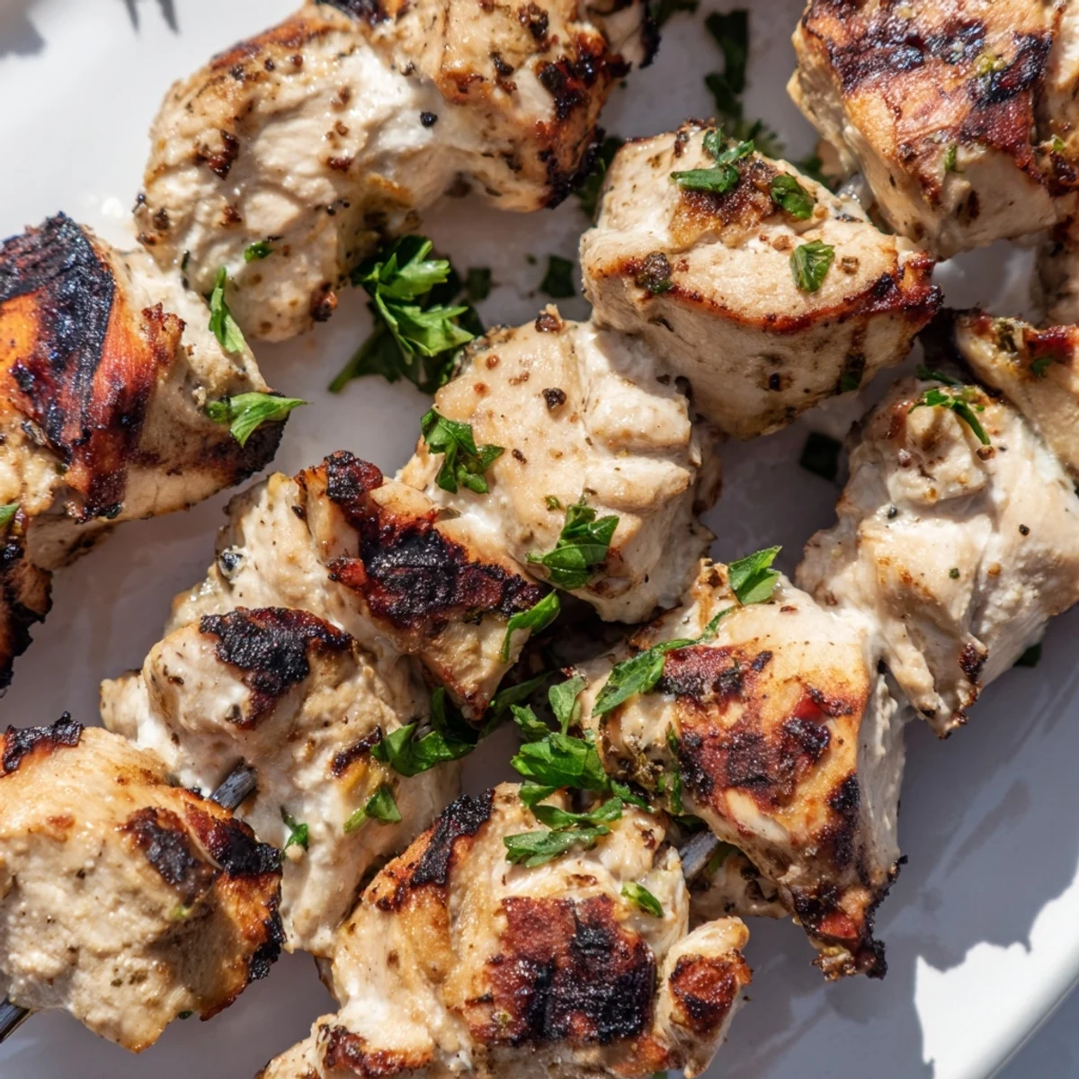Tender juicy chicken pieces threaded on skewers after marinating in creamy Greek yogurt spice blend
