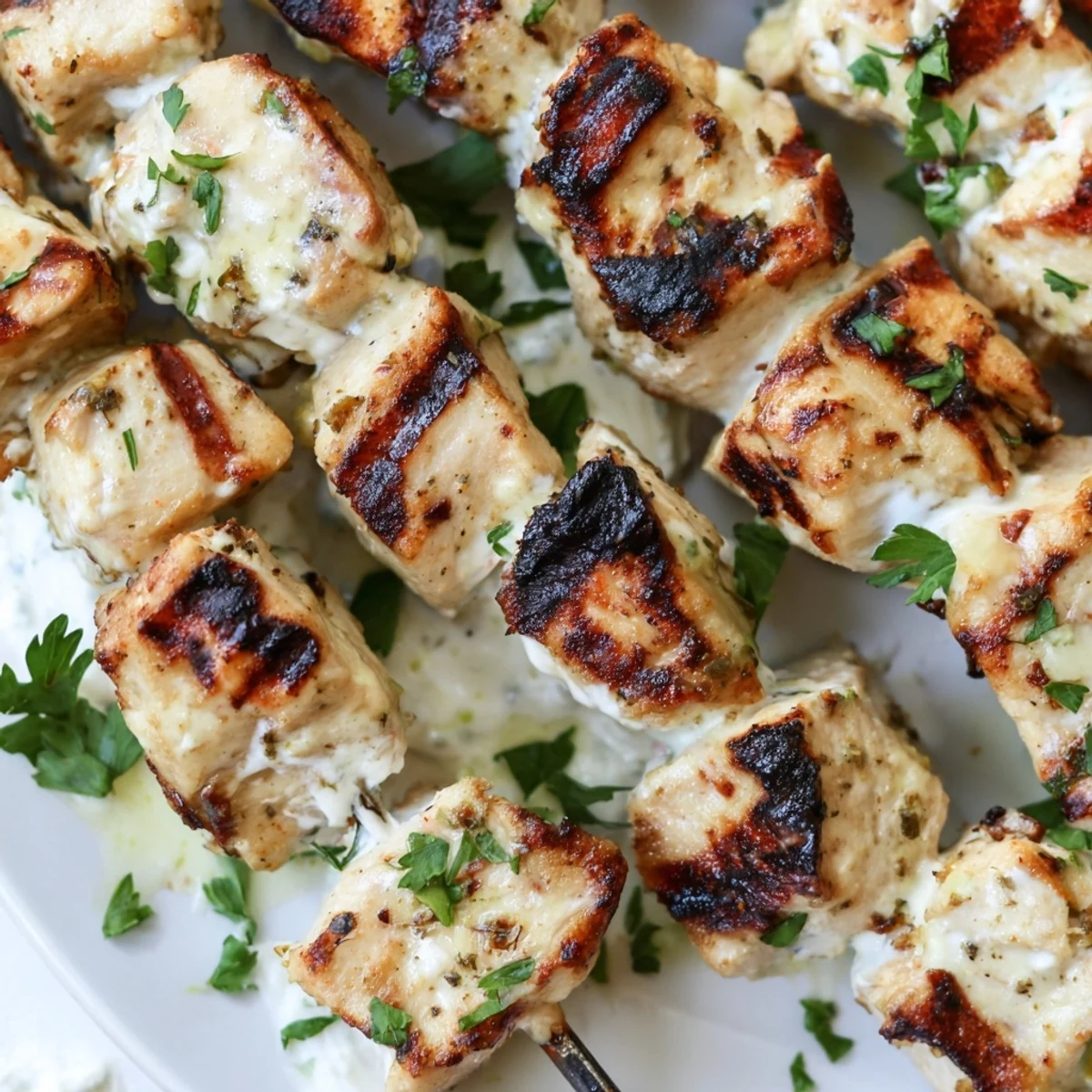 Succulent grilled chicken kabobs coated in Greek yogurt herb marinade served with lemon wedges on plate