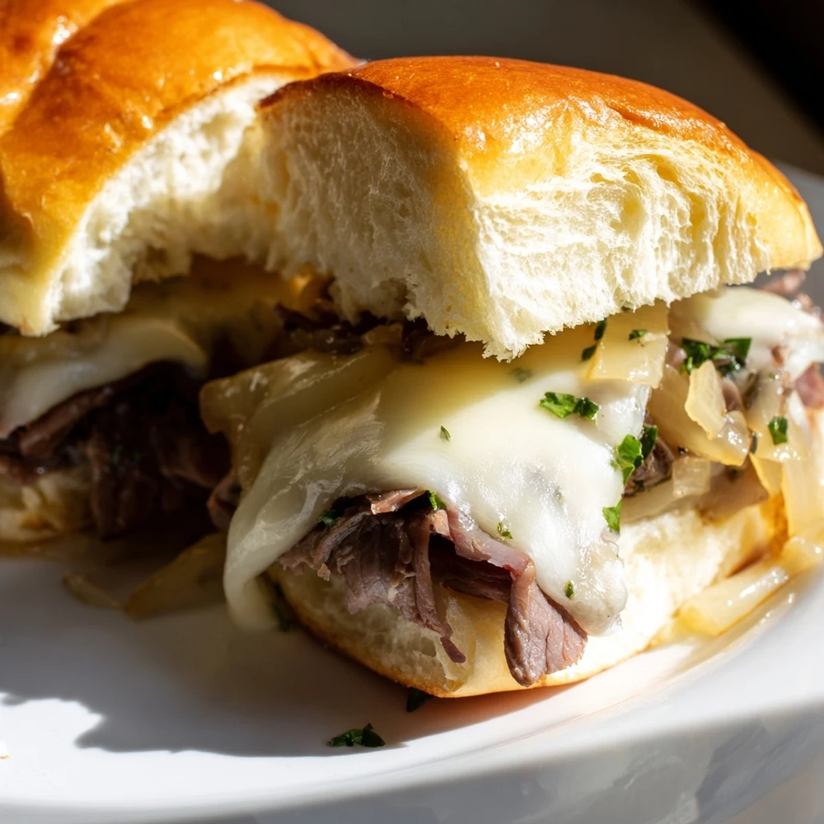Baked French dip sliders featuring juicy beef and gooey cheese ready for dipping