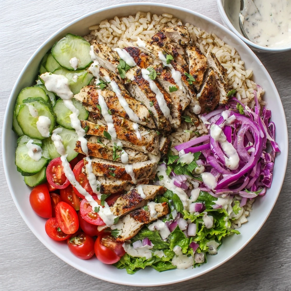 Healthy chicken shawarma bowl featuring spiced grilled chicken over colorful vegetables with creamy tahini yogurt sauce drizzled on top