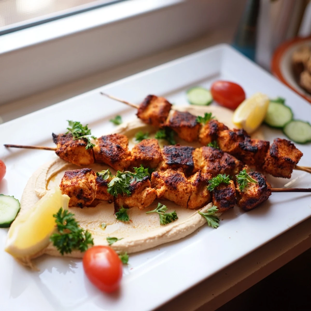 Golden grilled Mediterranean chicken skewers arranged over creamy hummus spread with fresh parsley garnish