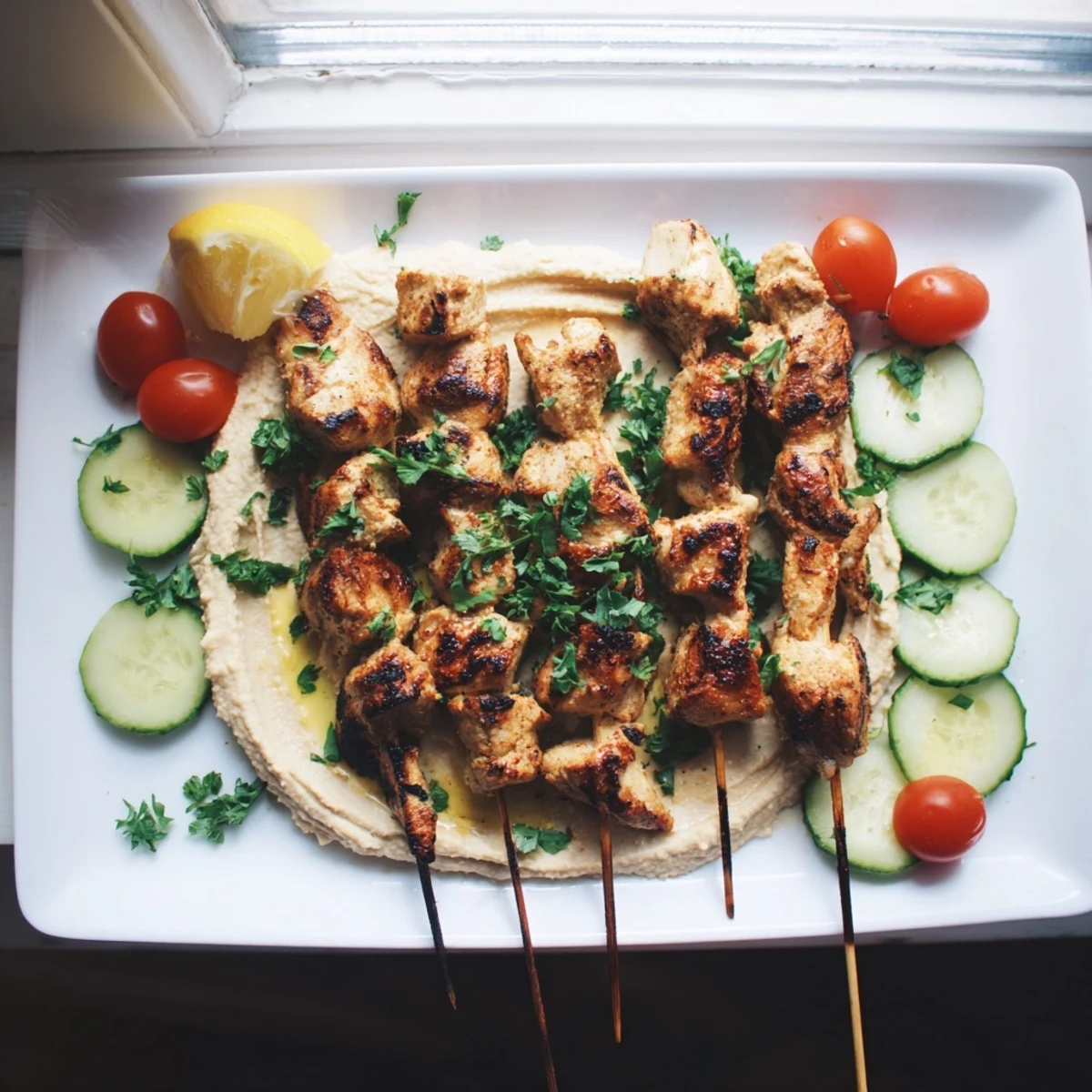Tender marinated chicken kabobs served atop smooth classic hummus with lemon wedges on wooden platter
