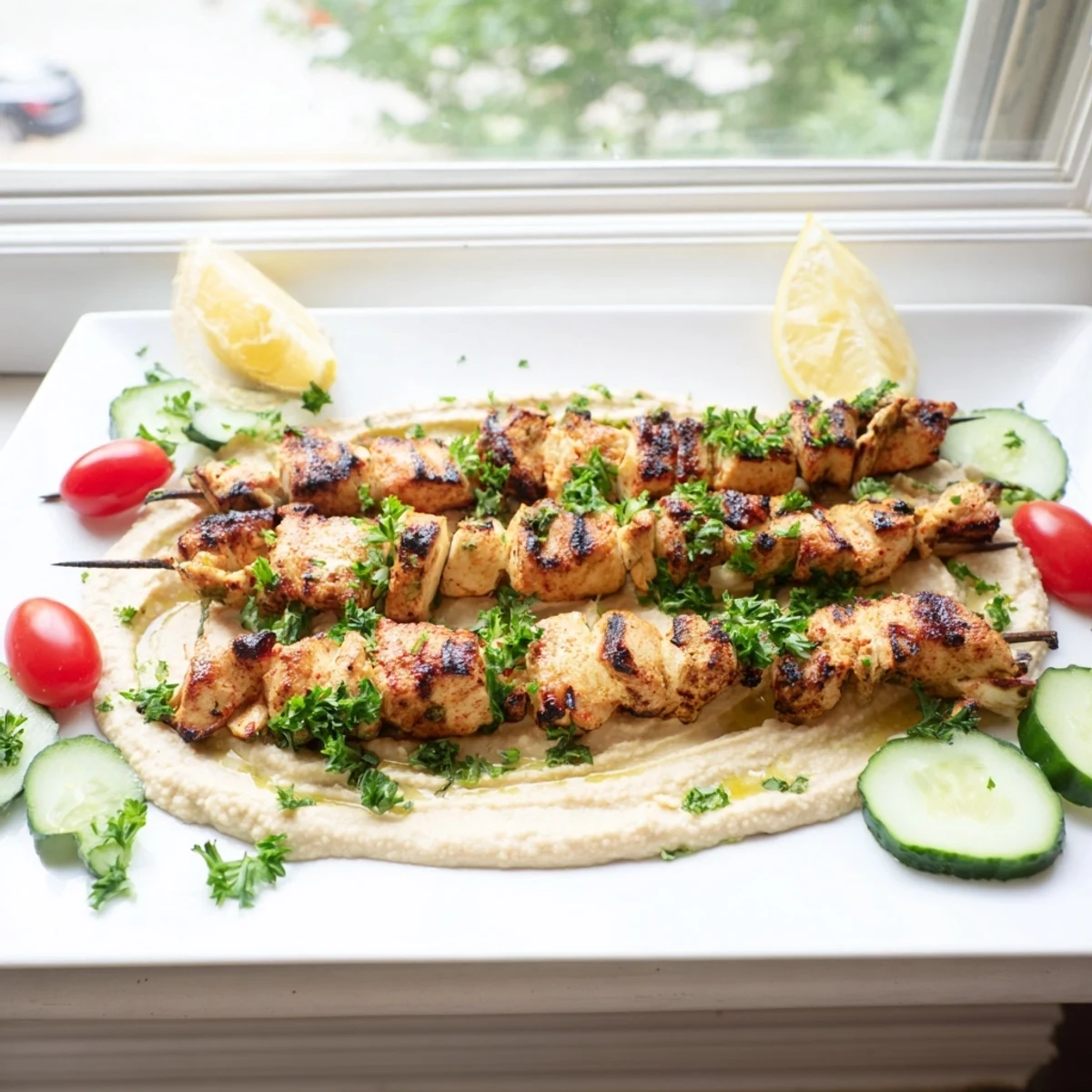 Juicy spiced chicken skewers resting on bed of tahini hummus spread with vibrant herbs