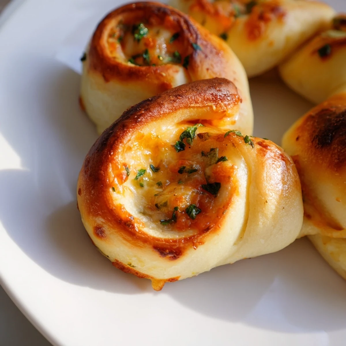 Golden brown cheesy garlic butter rollups fresh from the oven with bubbling melted cheese centers