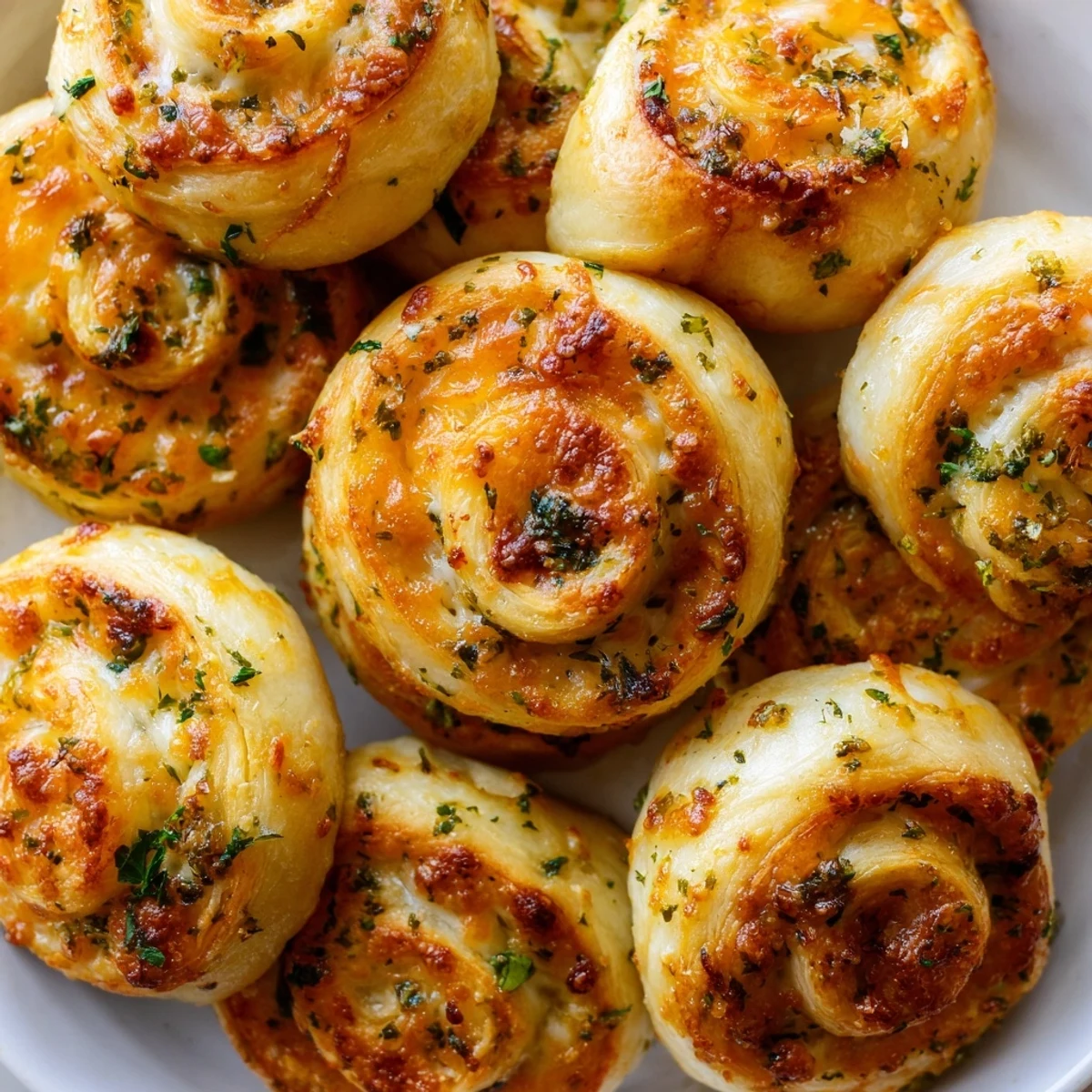 Baked crescent cheesy garlic butter rollups with golden crusts and oozing three cheese filling