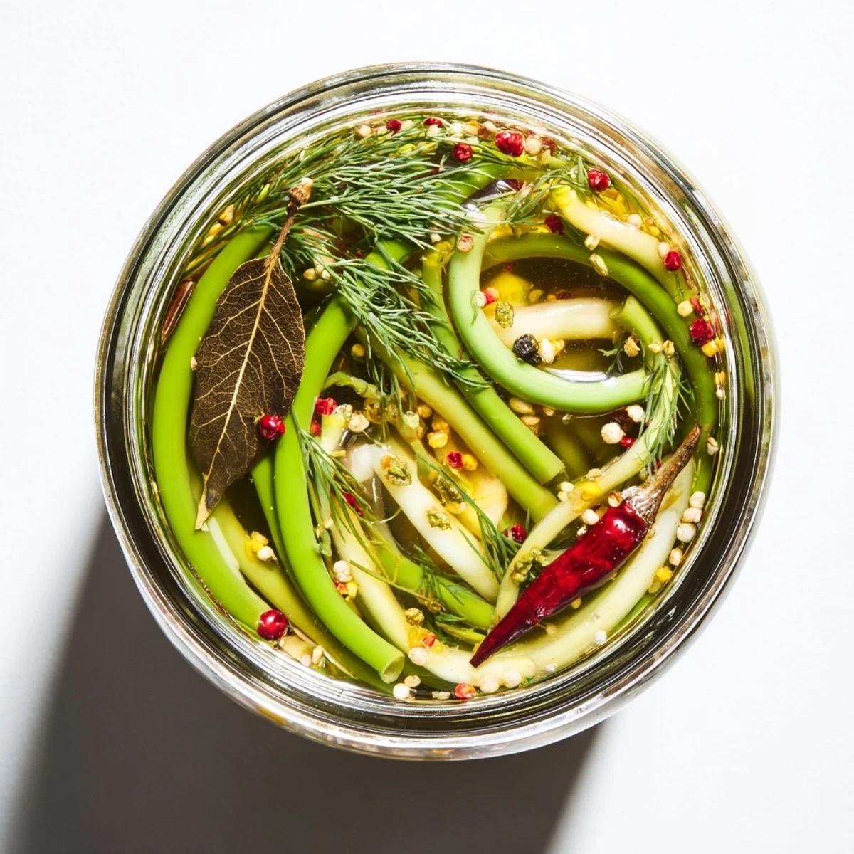 Crisp curly garlic scapes submerged in aromatic vinegar brine with red pepper flakes and mustard seeds for a tangy spicy condiment