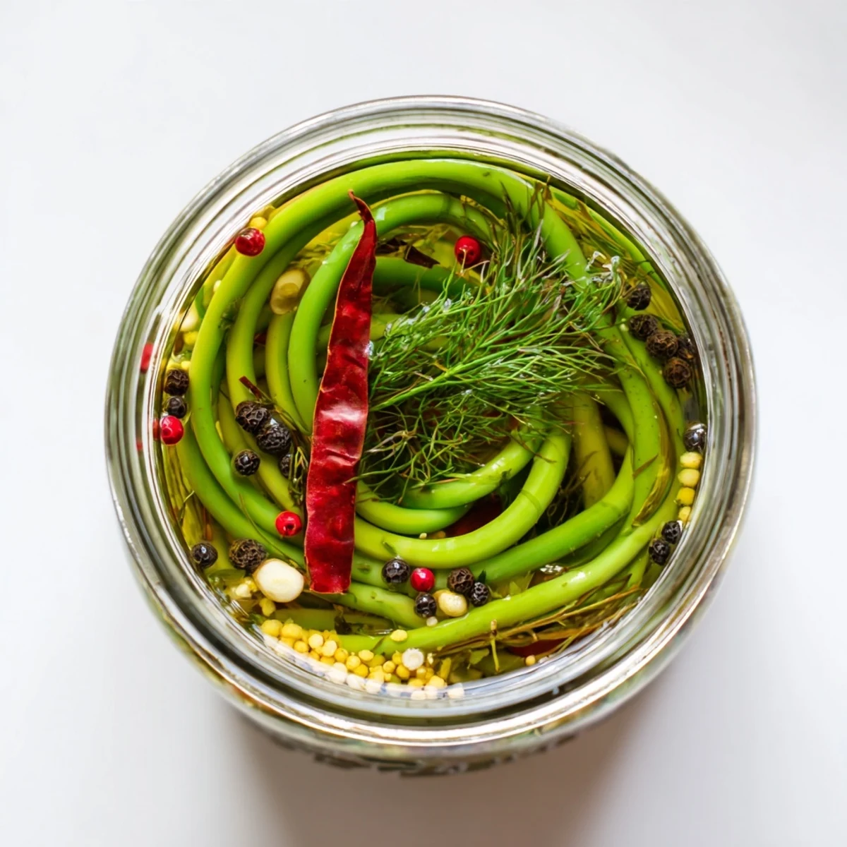 Golden spicy pickled garlic scapes in vinegar brine packed in clear glass mason jars with whole dried chilies and fresh dill sprigs visible