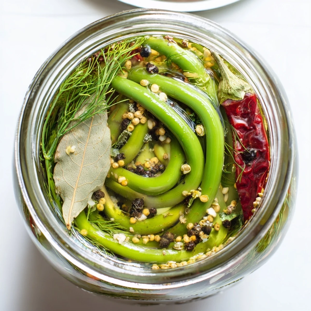 Jars of homemade spicy pickled garlic scapes filled with vibrant green stalks swimming in spiced liquid alongside dried chili peppers and bay leaves