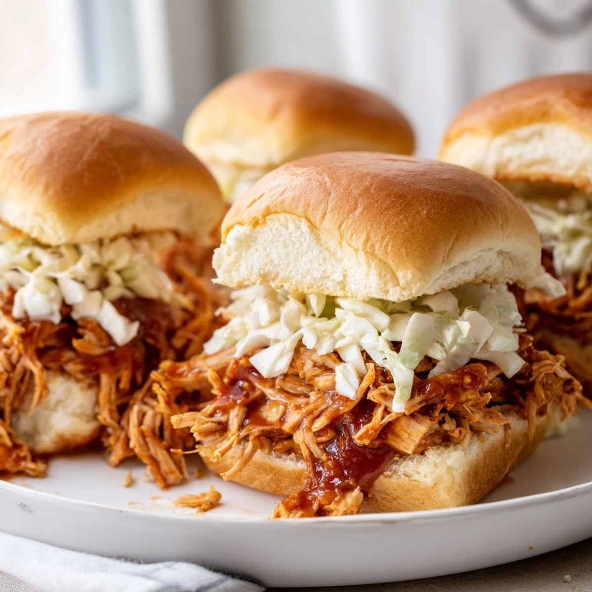 Golden Hawaiian roll sliders piled high with smoky BBQ pulled chicken and crisp toppings