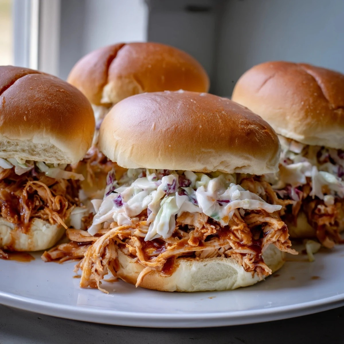 Tender BBQ pulled chicken sliders stacked on sweet Hawaiian rolls with creamy coleslaw