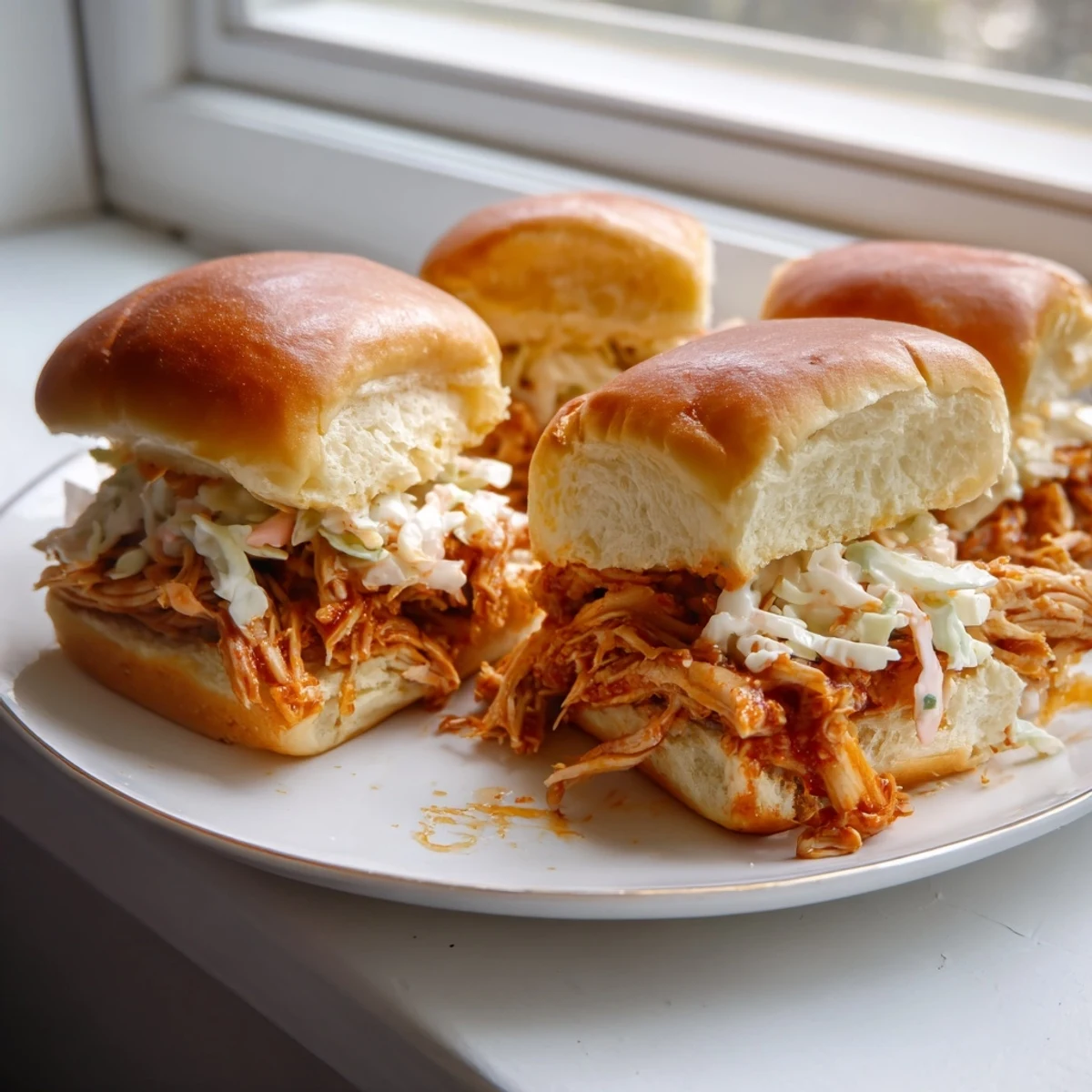 Mouthwatering BBQ pulled chicken stuffed in soft Hawaiian rolls topped with colorful coleslaw