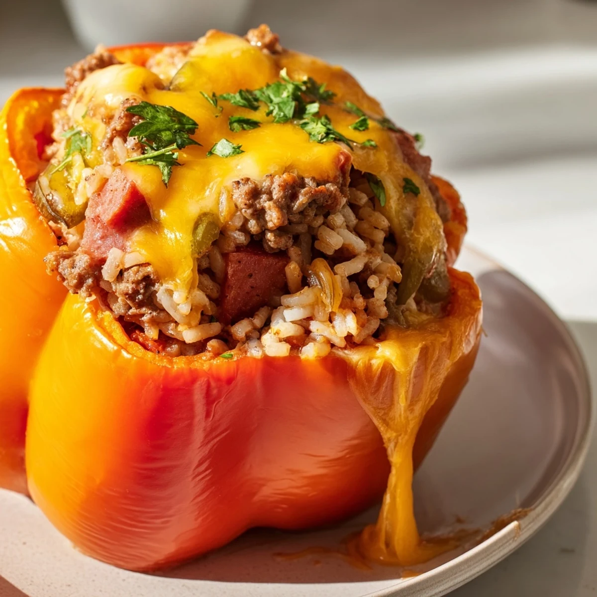 Golden-topped kielbasa stuffed bell peppers with cheesy beef and rice filling bubbling in a baking dish