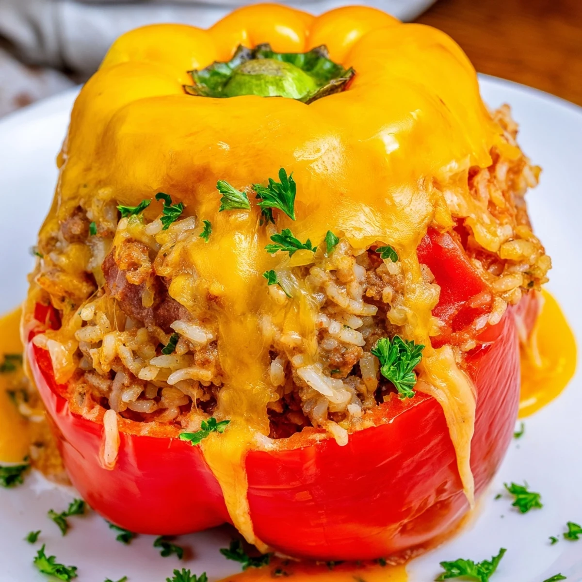 Colorful roasted bell peppers overflowing with savory kielbasa ground beef rice mixture and melted cheddar cheese