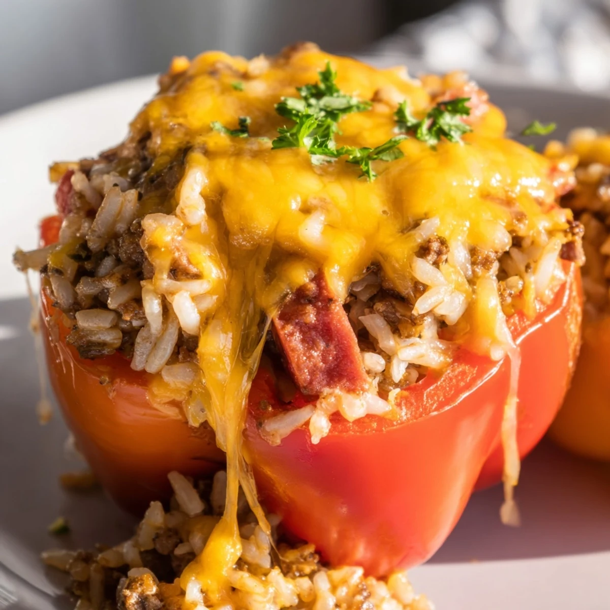 Freshly baked kielbasa stuffed bell peppers sitting in beef broth with a crispy golden cheese topping