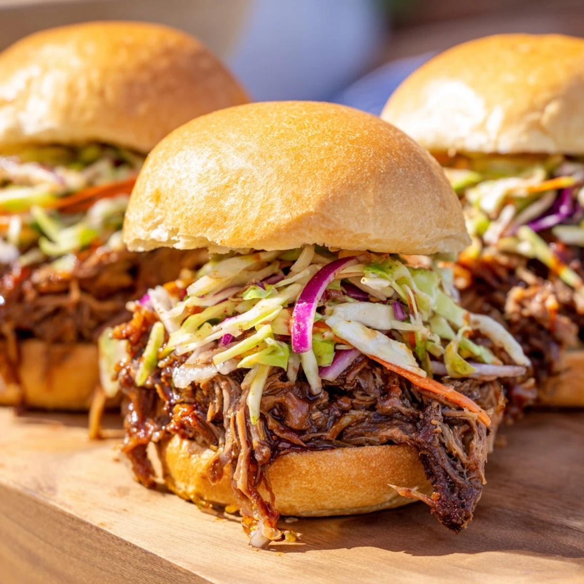 Close-up of slow-cooked beef sliders dripping with barbecue sauce and crisp homemade coleslaw on brioche