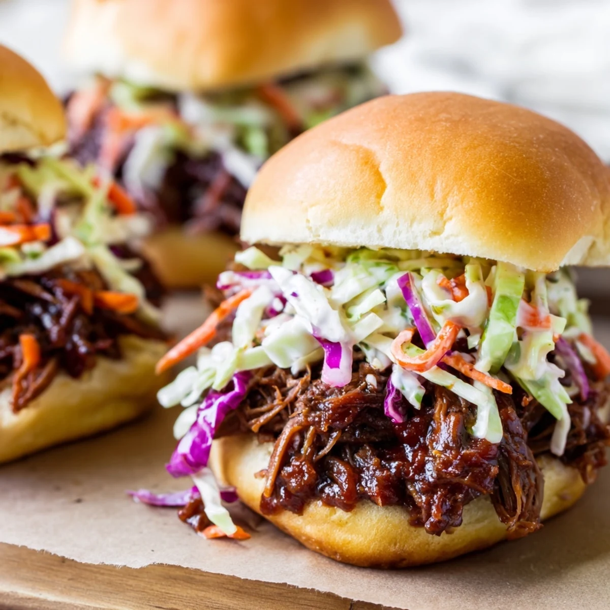 Tender BBQ pulled beef sliders piled high with crunchy coleslaw on toasted golden brioche buns